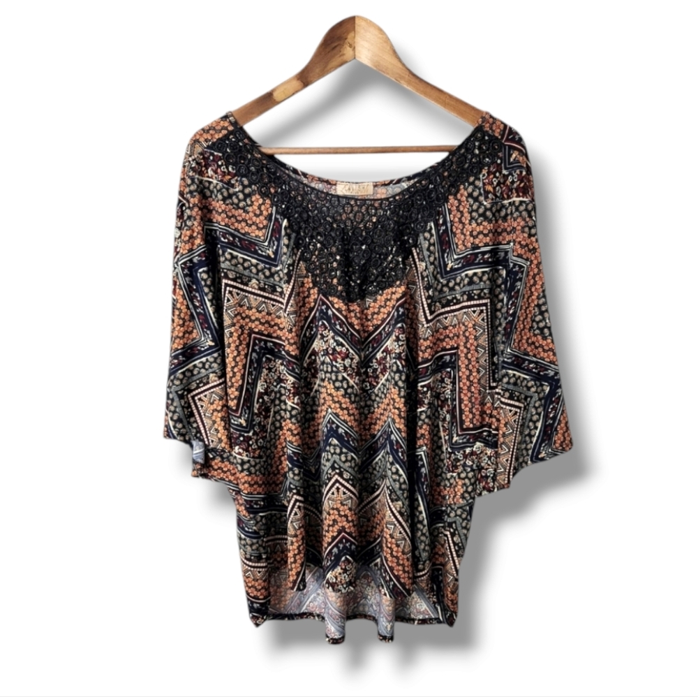 Lavish Boho Style Bat Wing Chevron Floral Print Lacey Top  | 2X